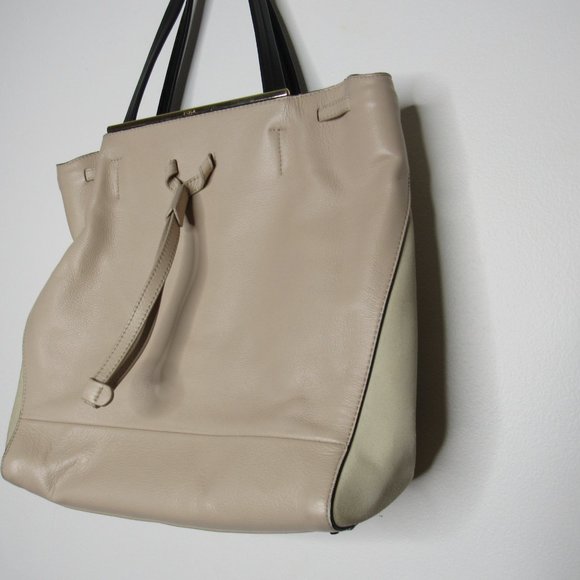 Furla Leather and Suede Drawstring Tote Bag Purse Beige and Black - Picture 3 of 10
